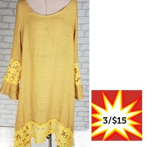 Yellow Scoop Neck Crochet Bell Sleeve Shift Dress
